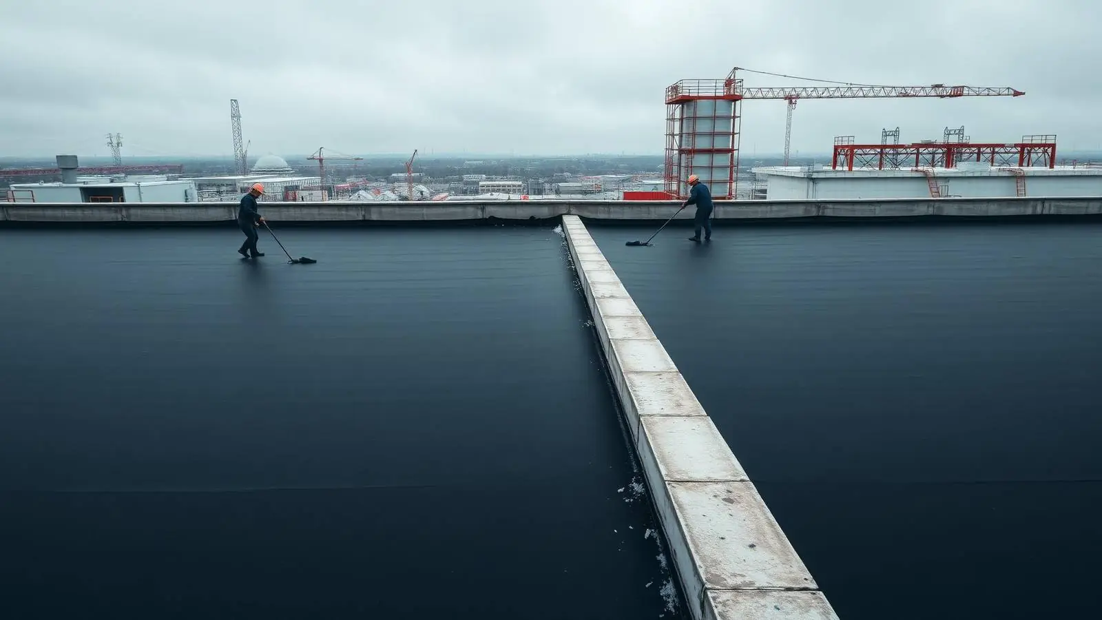 Applicators spreading black bitumen waterproofing coating across a concrete rooftop